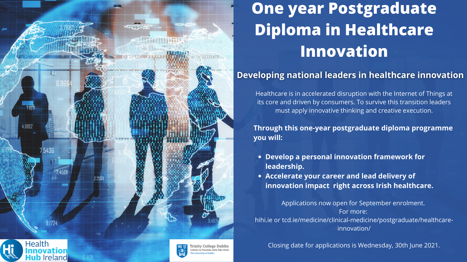 AOTI HSE scholarships available - applications for the Health Innovation Hub Ireland (HIHI)/TCD one year Postgraduate Diploma in Healthcare Innovation are now open for September enrolment image